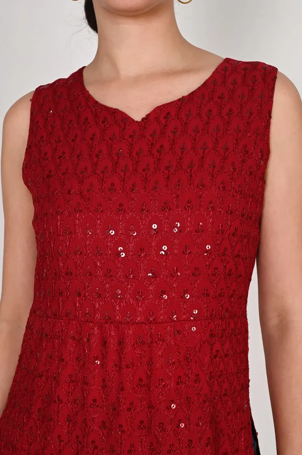 Red_Pure_Cotton_Handcrafted_Chikankari_Sleeveless_Nyra_Cut_Kurti_For_Women