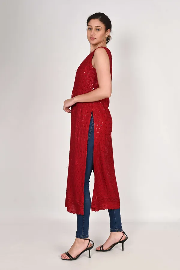 Red_Pure_Cotton_Handcrafted_Chikankari_Sleeveless_Nyra_Cut_Kurti_For_Women