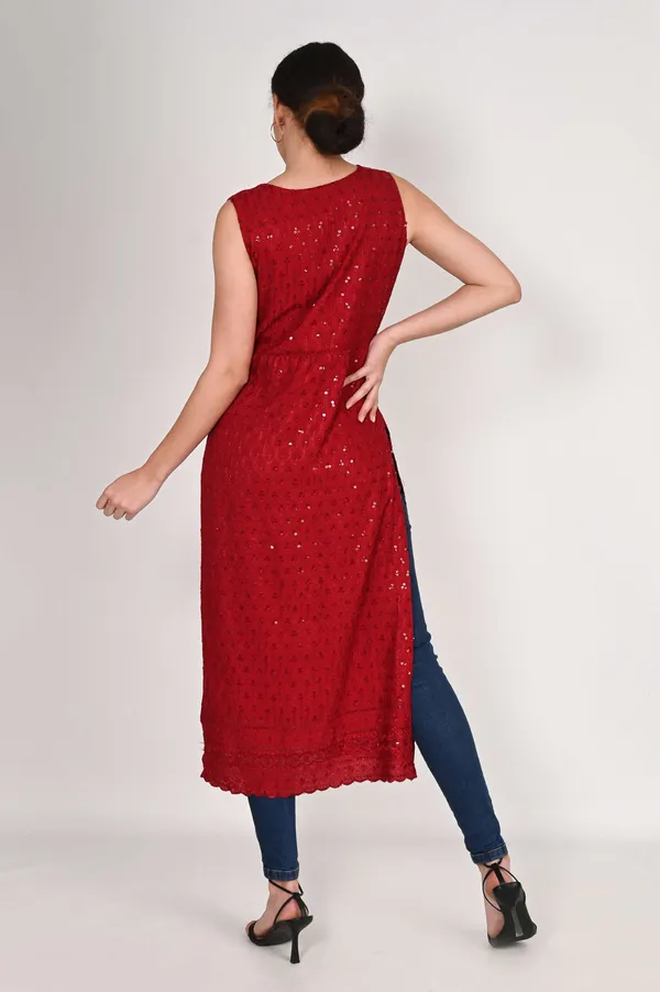 Red_Pure_Cotton_Handcrafted_Chikankari_Sleeveless_Nyra_Cut_Kurti_For_Women