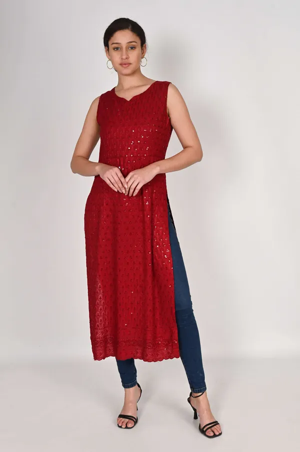 Red_Pure_Cotton_Handcrafted_Chikankari_Sleeveless_Nyra_Cut_Kurti_For_Women