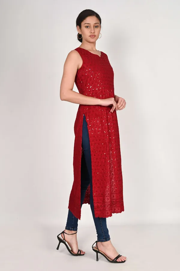 Red_Pure_Cotton_Handcrafted_Chikankari_Sleeveless_Nyra_Cut_Kurti_For_Women