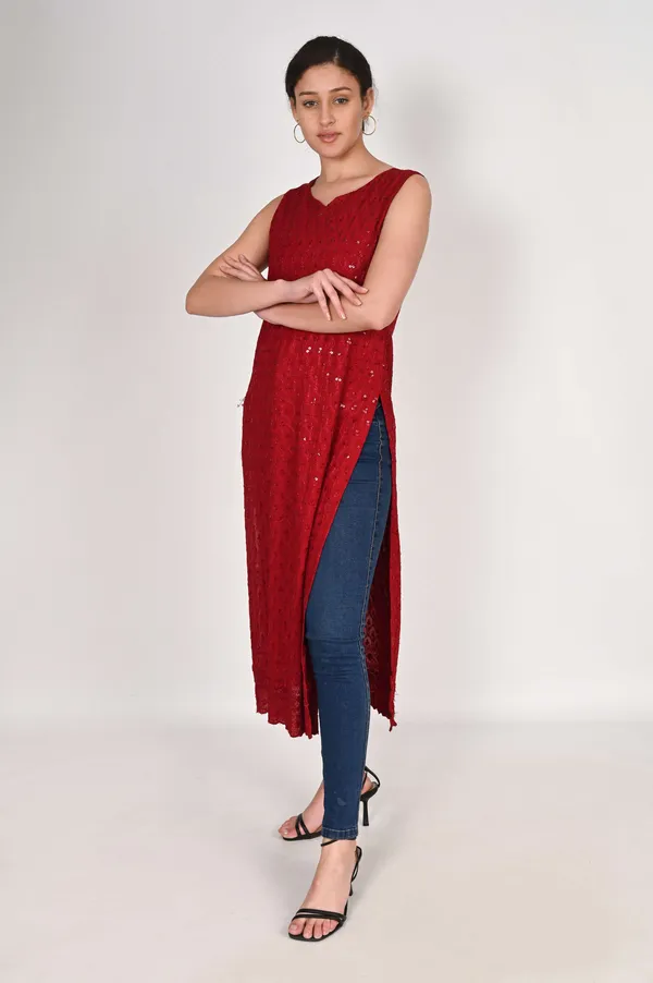 Red_Pure_Cotton_Handcrafted_Chikankari_Sleeveless_Nyra_Cut_Kurti_For_Women