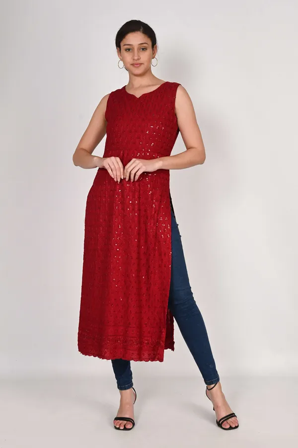 Red_Pure_Cotton_Handcrafted_Chikankari_Sleeveless_Nyra_Cut_Kurti_For_Women