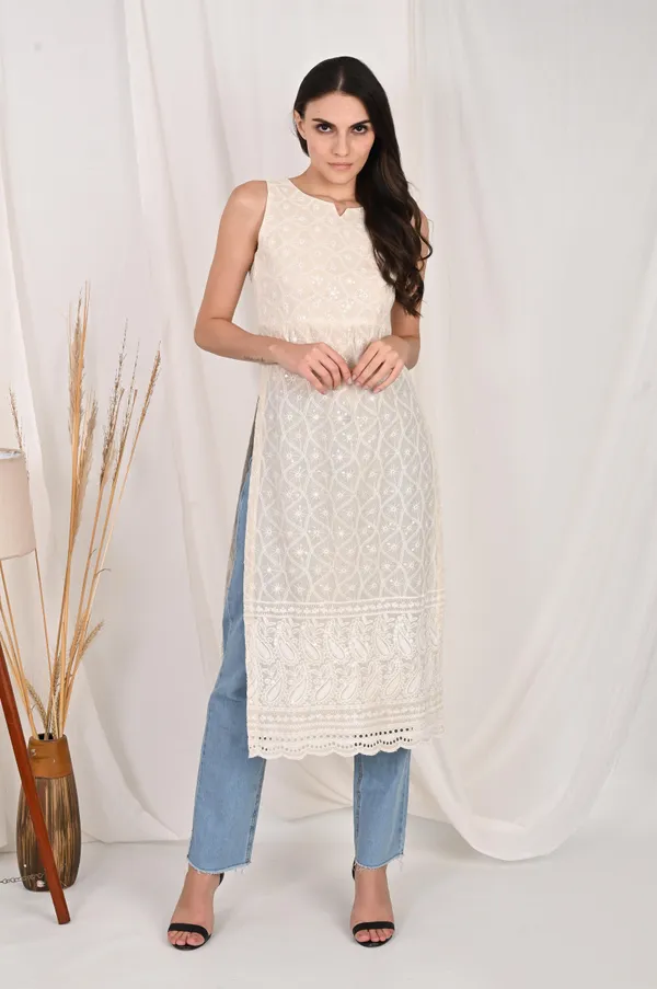 Off_White_Pure_Cotton_Handcrafted_Chikankari_Sleeveless_Nyra_Cut_Kurta_For_Women