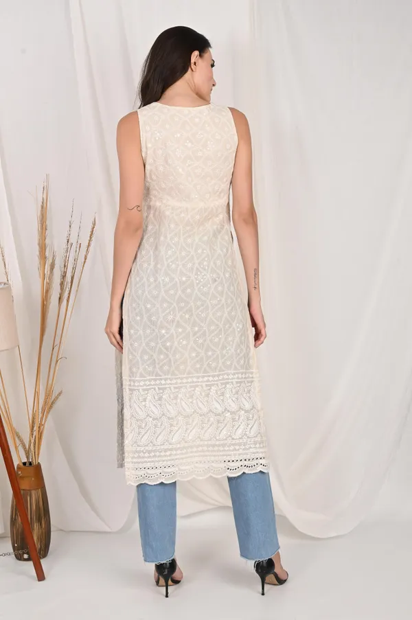 Off_White_Pure_Cotton_Handcrafted_Chikankari_Sleeveless_Nyra_Cut_Kurta_For_Women