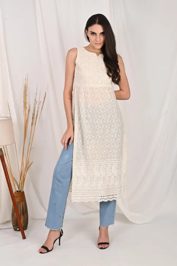 Off_White_Pure_Cotton_Handcrafted_Chikankari_Sleeveless_Nyra_Cut_Kurta_For_Women