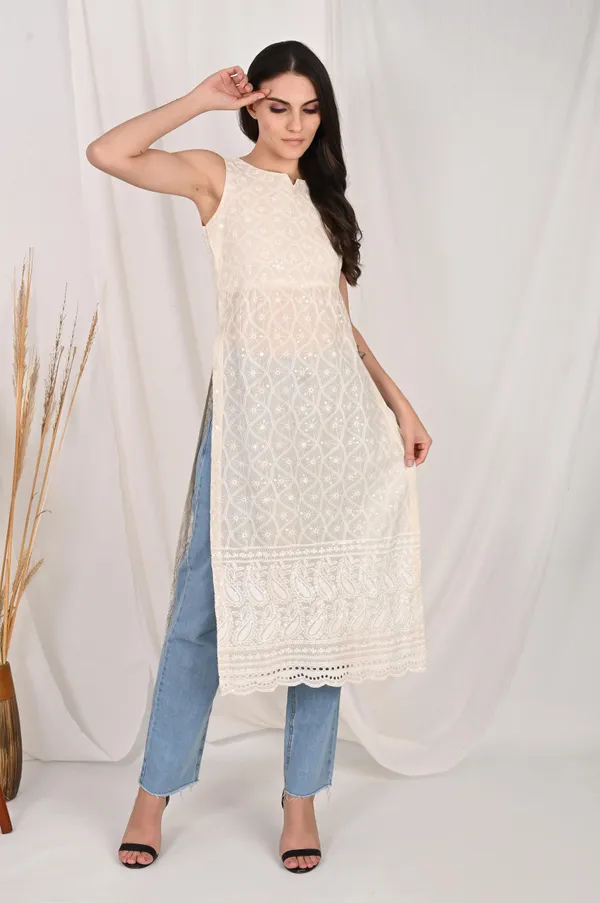 Off_White_Pure_Cotton_Handcrafted_Chikankari_Sleeveless_Nyra_Cut_Kurta_For_Women