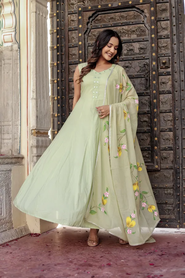 Bainkutpuri_Pista_Green_Women's_Pure_Cotton_Handcrafted_Ethnic_Suit_Set_For_Women