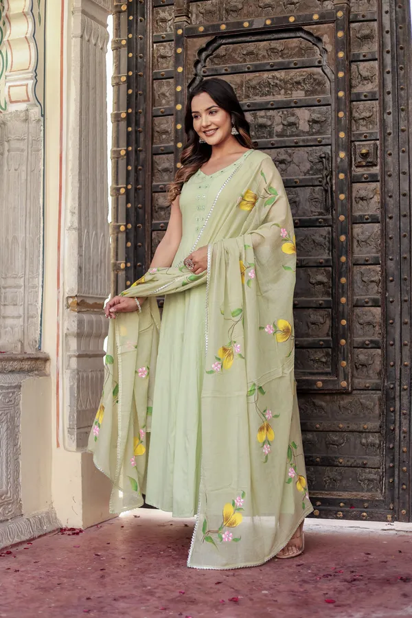 Bainkutpuri_Pista_Green_Women's_Pure_Cotton_Handcrafted_Ethnic_Suit_Set_For_Women