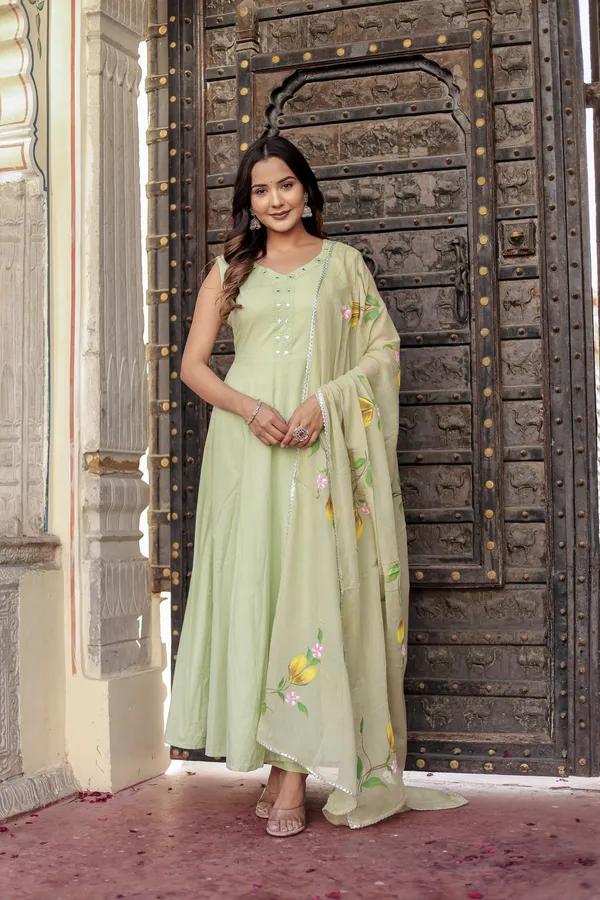 Bainkutpuri_Pista_Green_Women's_Pure_Cotton_Handcrafted_Ethnic_Suit_Set_For_Women