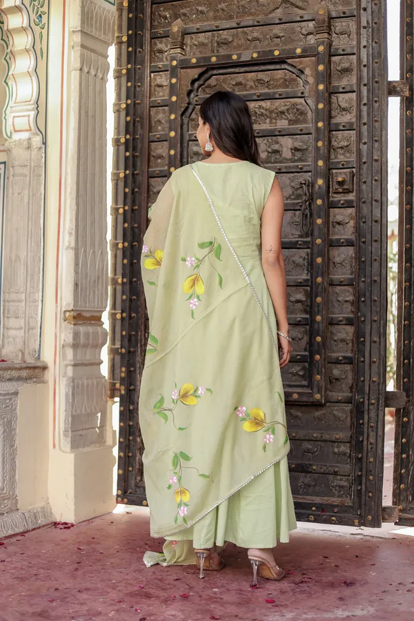 Bainkutpuri_Pista_Green_Women's_Pure_Cotton_Handcrafted_Ethnic_Suit_Set_For_Women