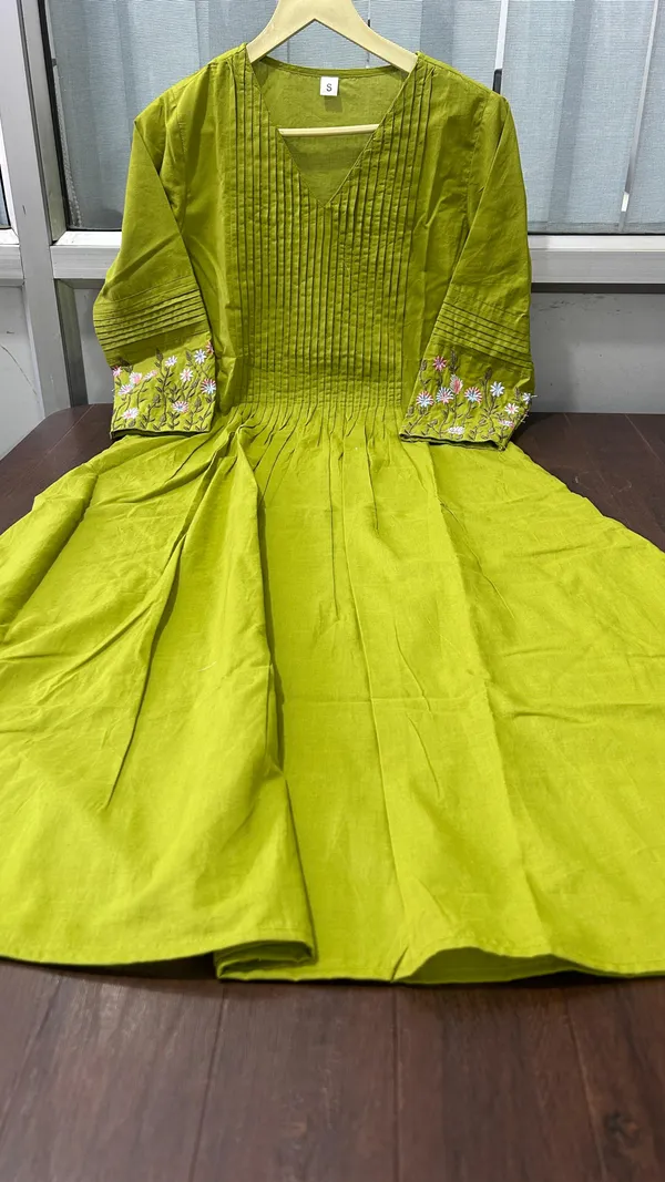 Green_Flared_Kurti_With_Embroidered_Sleeves_For_Women