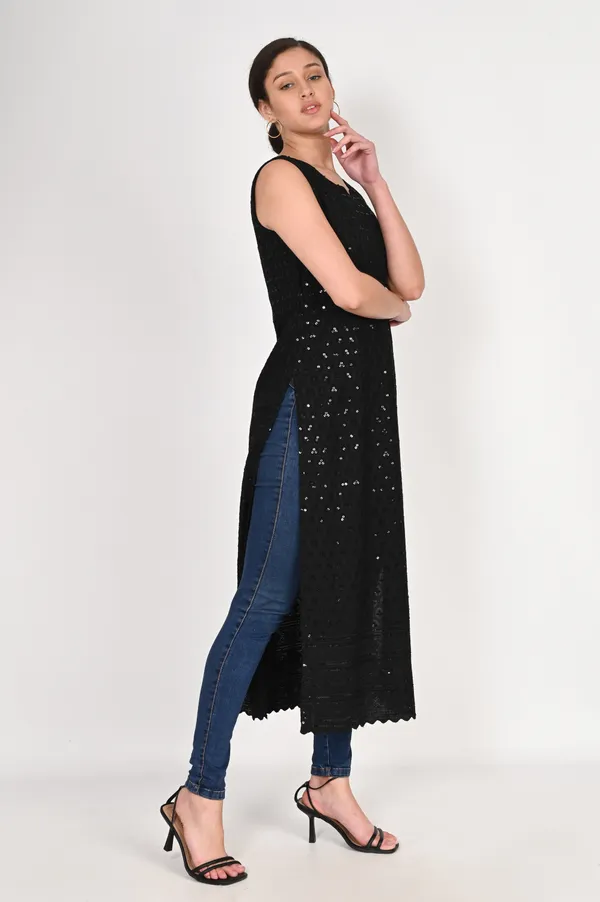 Black_Pure_Cotton_Handcrafted_Chikankari_Sleeveless_Nyra_Cut_Kurti_For_Women