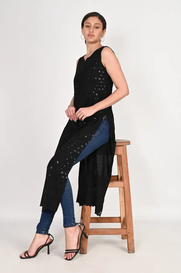 Black_Pure_Cotton_Handcrafted_Chikankari_Sleeveless_Nyra_Cut_Kurti_For_Women
