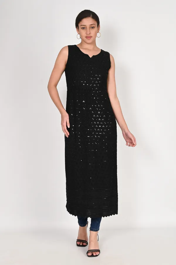 Black_Pure_Cotton_Handcrafted_Chikankari_Sleeveless_Nyra_Cut_Kurti_For_Women
