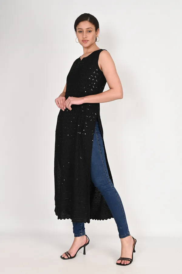 Black_Pure_Cotton_Handcrafted_Chikankari_Sleeveless_Nyra_Cut_Kurti_For_Women