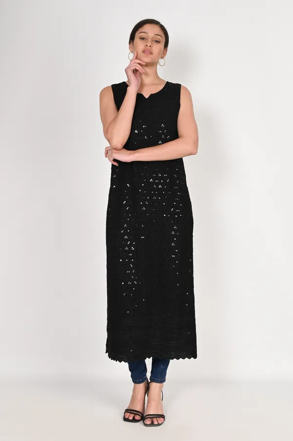 Black_Pure_Cotton_Handcrafted_Chikankari_Sleeveless_Nyra_Cut_Kurti_For_Women