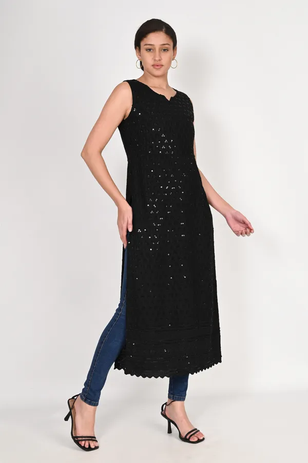 Black_Pure_Cotton_Handcrafted_Chikankari_Sleeveless_Nyra_Cut_Kurti_For_Women