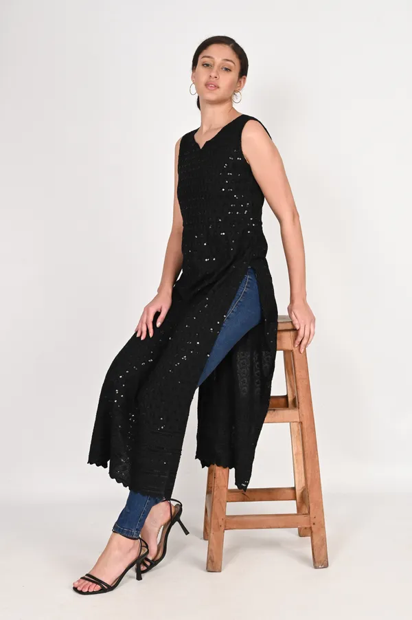 Black_Pure_Cotton_Handcrafted_Chikankari_Sleeveless_Nyra_Cut_Kurti_For_Women