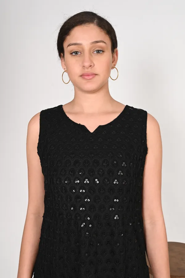 Black_Pure_Cotton_Handcrafted_Chikankari_Sleeveless_Nyra_Cut_Kurti_For_Women