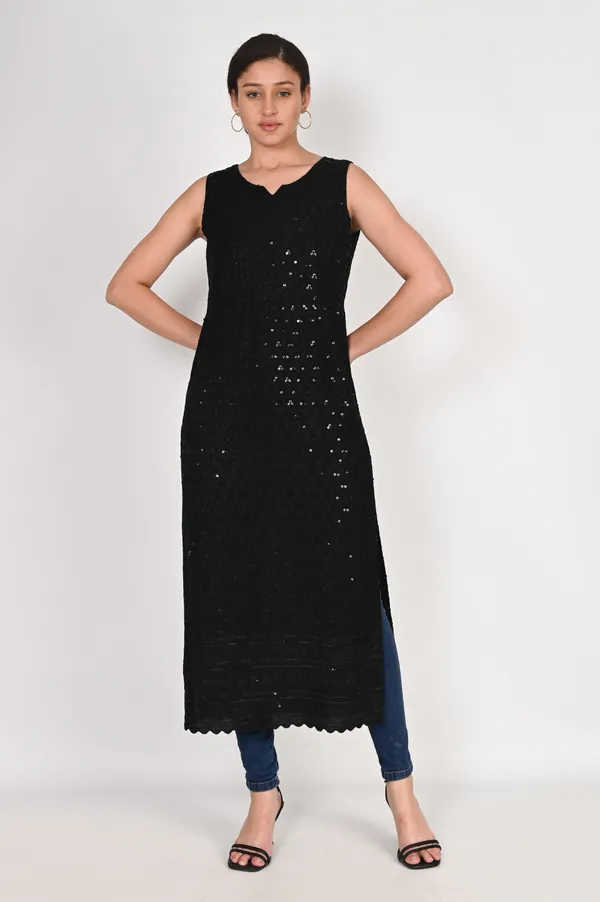 Black_Pure_Cotton_Handcrafted_Chikankari_Sleeveless_Nyra_Cut_Kurti_For_Women