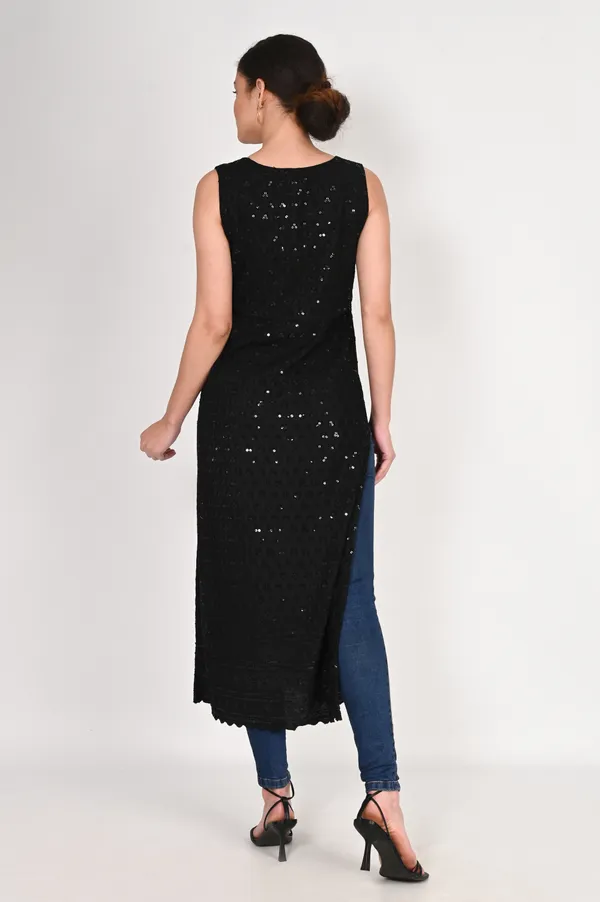 Black_Pure_Cotton_Handcrafted_Chikankari_Sleeveless_Nyra_Cut_Kurti_For_Women