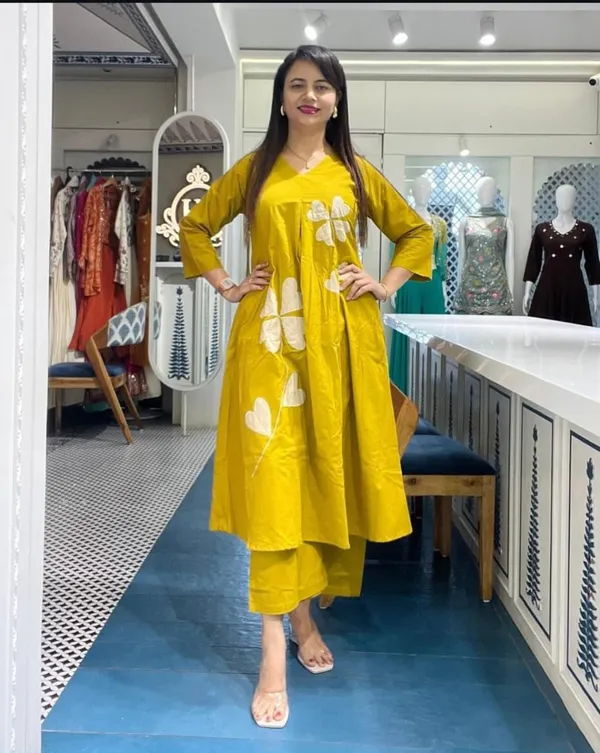 Mustard_Cotton_Designer_Embroidered_Kurta_Pant_Set_For_Women
