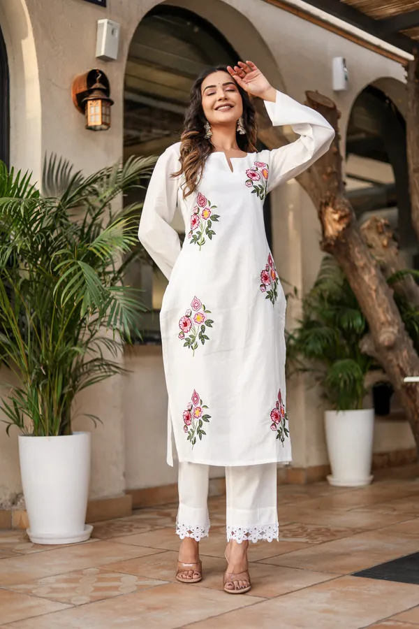 White_Cotton_Brush_Print_Kurta_Pant_Set_For_Women