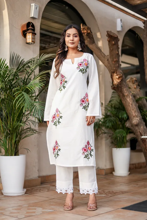 White_Cotton_Brush_Print_Kurta_Pant_Set_For_Women