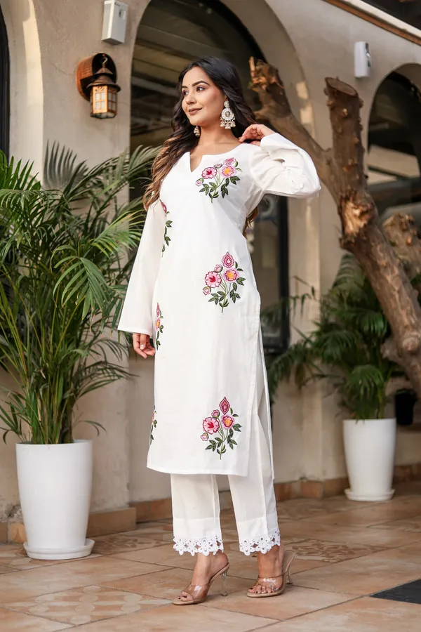 White_Cotton_Brush_Print_Kurta_Pant_Set_For_Women