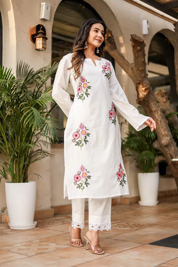 White_Cotton_Brush_Print_Kurta_Pant_Set_For_Women