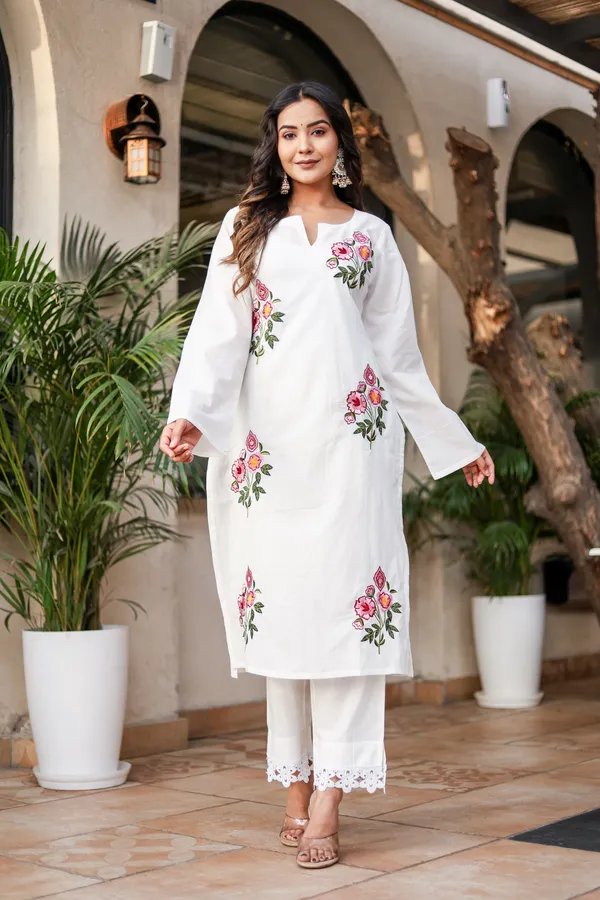 White_Cotton_Brush_Print_Kurta_Pant_Set_For_Women