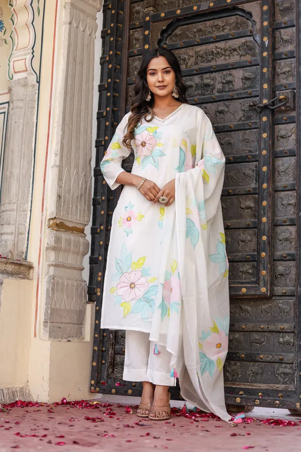 White_Cotton_Brush_Printed_And_Handwork_Ethnic_Suit_Set_For_Women