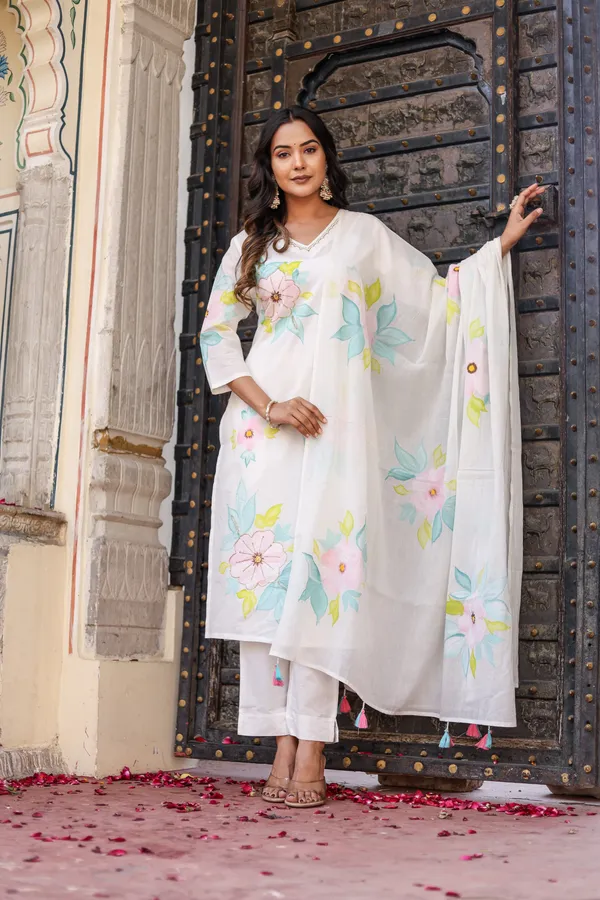 White_Cotton_Brush_Printed_And_Handwork_Ethnic_Suit_Set_For_Women
