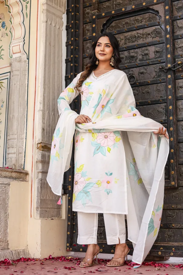 White_Cotton_Brush_Printed_And_Handwork_Ethnic_Suit_Set_For_Women