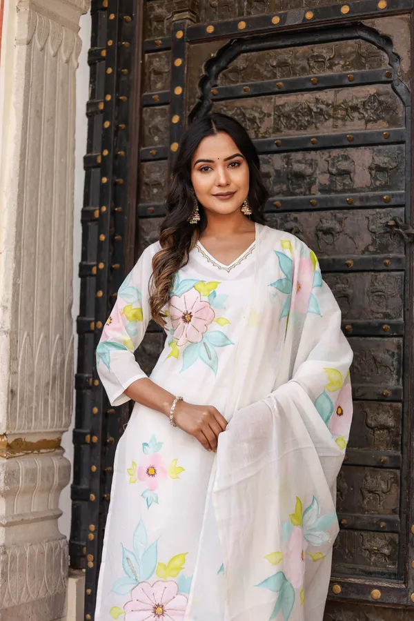 White_Cotton_Brush_Printed_And_Handwork_Ethnic_Suit_Set_For_Women