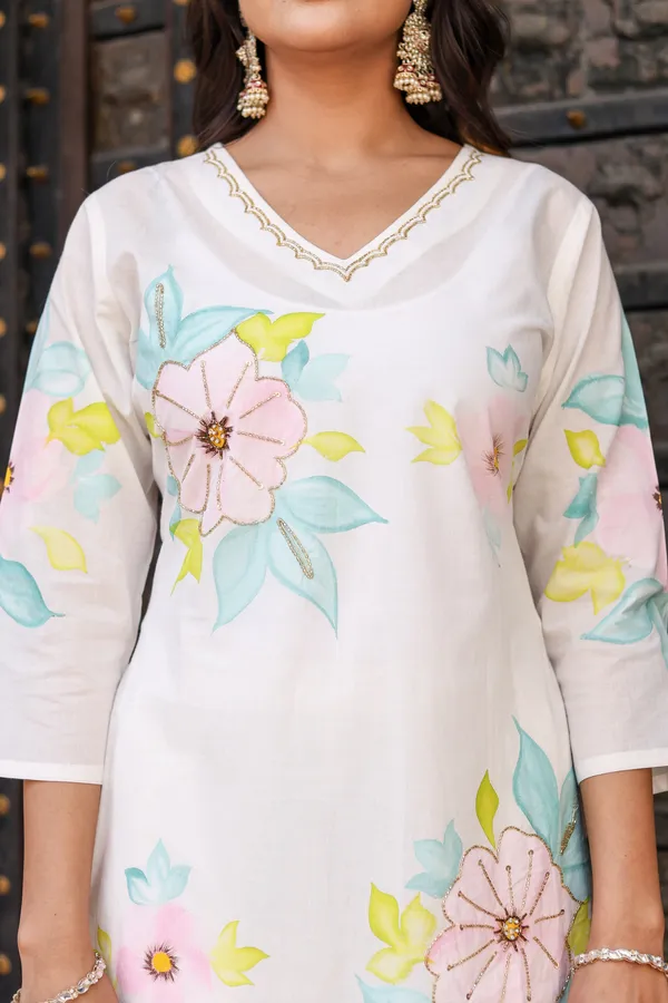 White_Cotton_Brush_Printed_And_Handwork_Ethnic_Suit_Set_For_Women