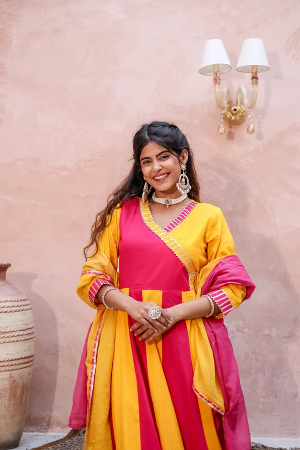 Bainkutpuri_Women's_Pure_Cotton_Yellow_&_Pink_Gota_Patti_Work_Anarkali_Suit_set