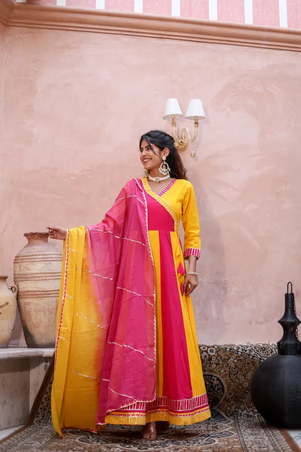 Bainkutpuri_Women's_Pure_Cotton_Yellow_&_Pink_Gota_Patti_Work_Anarkali_Suit_set