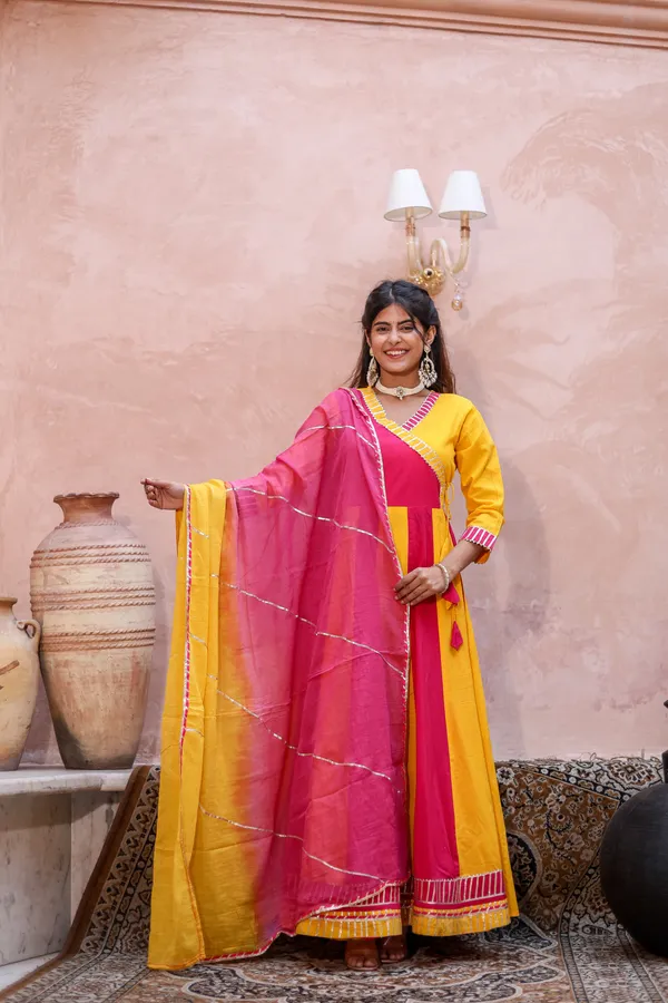 Bainkutpuri_Women's_Pure_Cotton_Yellow_&_Pink_Gota_Patti_Work_Anarkali_Suit_set