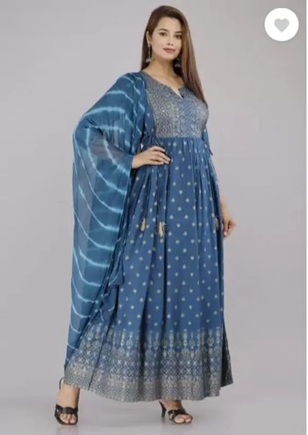 Blue_Rayon_Long_Printed_Gown_With_Dupatta_For_Women