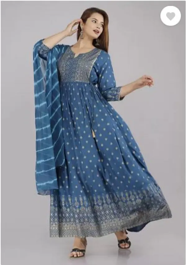 Blue_Rayon_Long_Printed_Gown_With_Dupatta_For_Women