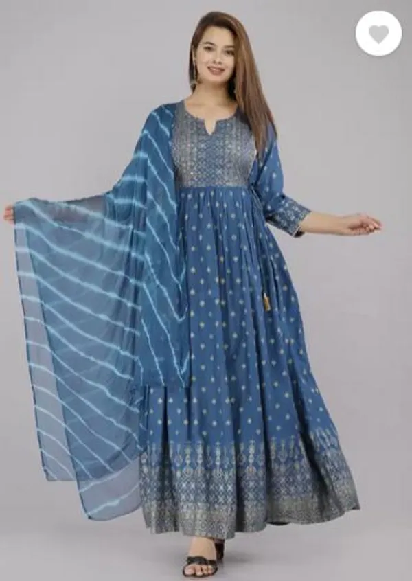 Blue_Rayon_Long_Printed_Gown_With_Dupatta_For_Women