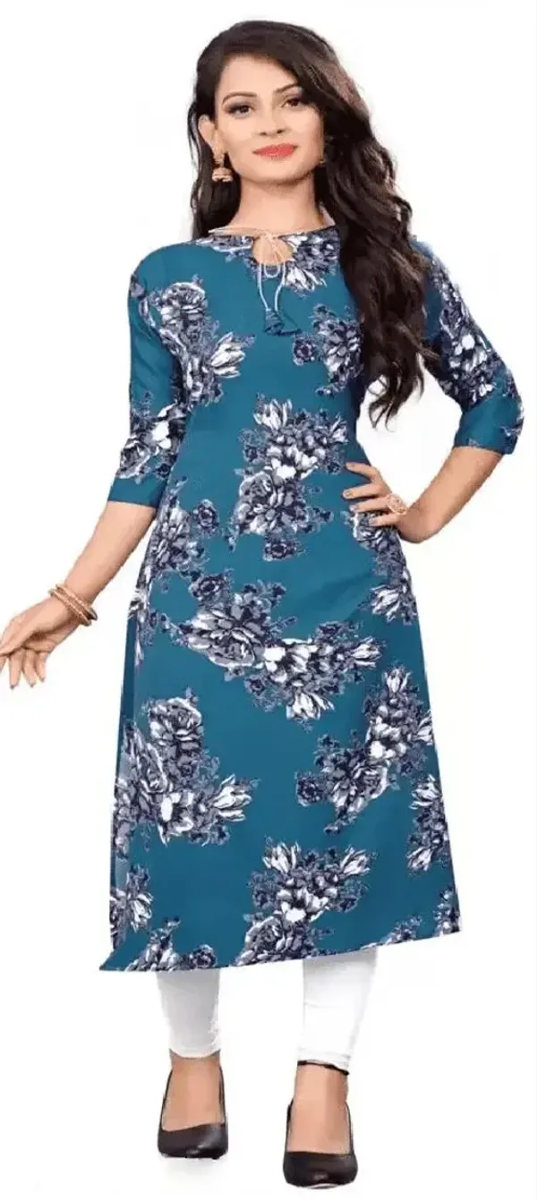 Teal_Blue_Crepe_Printed_Kurti_For_Women