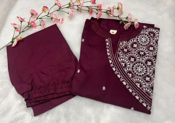 Wine_Rayon_Embroidery_Kurti_With_Pant_For_Women