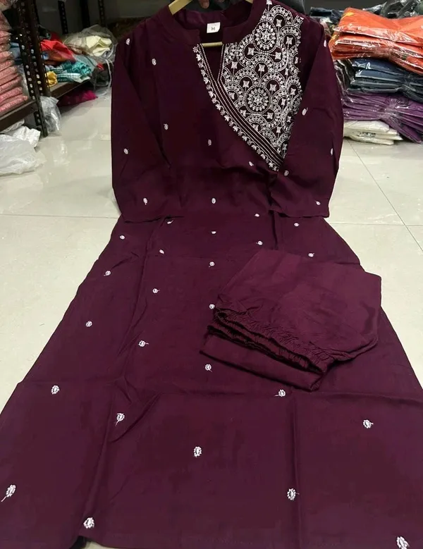 Wine_Rayon_Embroidery_Kurti_With_Pant_For_Women