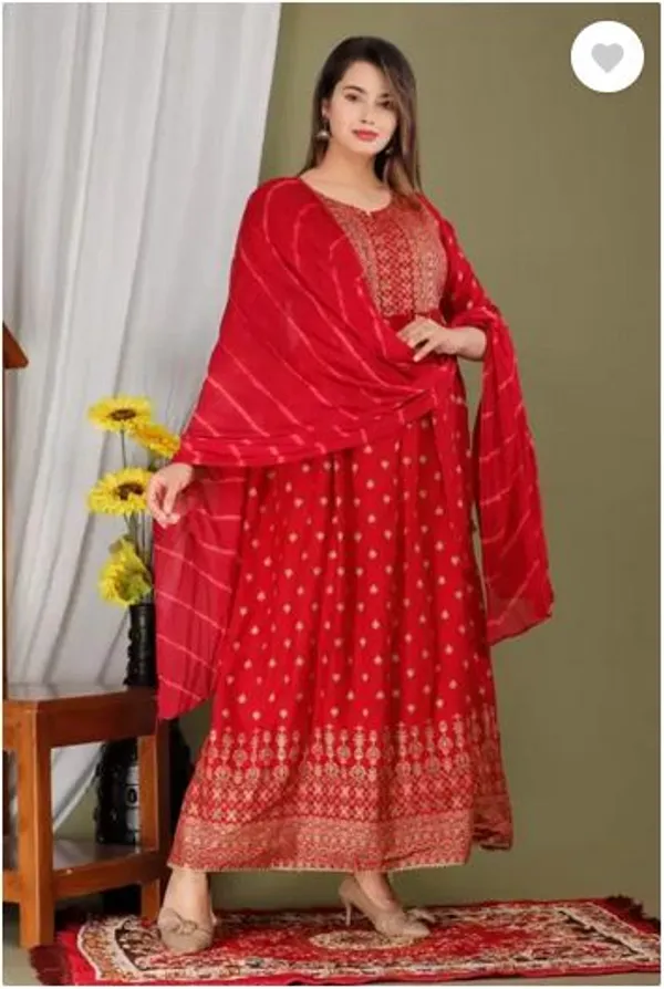 Red_Rayon_Long_Printed_Gown_With_Dupatta_For_Women