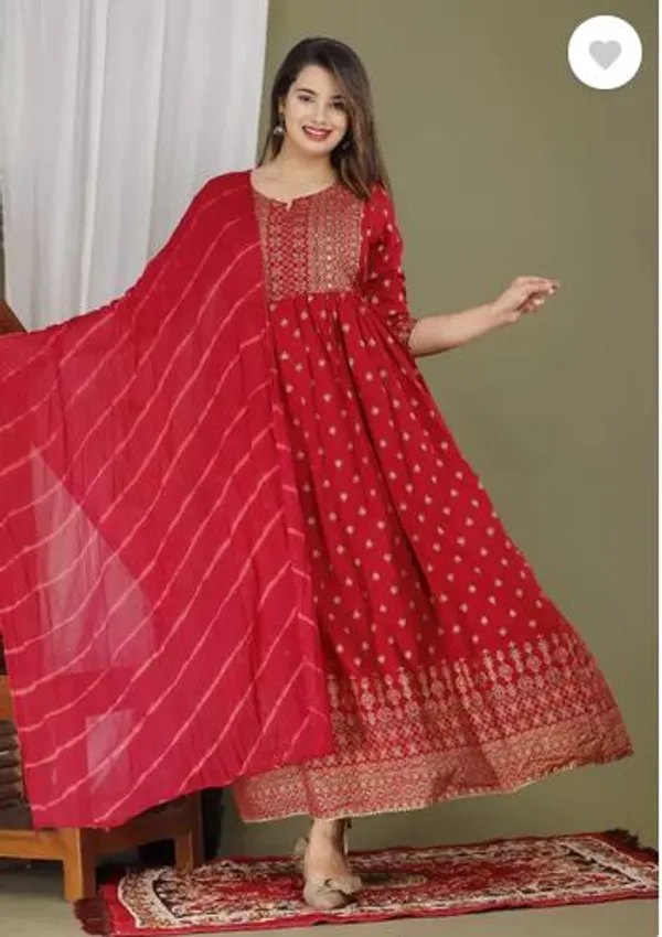 Red_Rayon_Long_Printed_Gown_With_Dupatta_For_Women