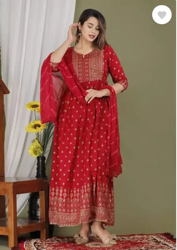 Red_Rayon_Long_Printed_Gown_With_Dupatta_For_Women