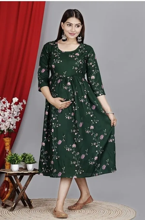 Dark_Green_Rayon_Printed_Maternity_Gown_For_Women